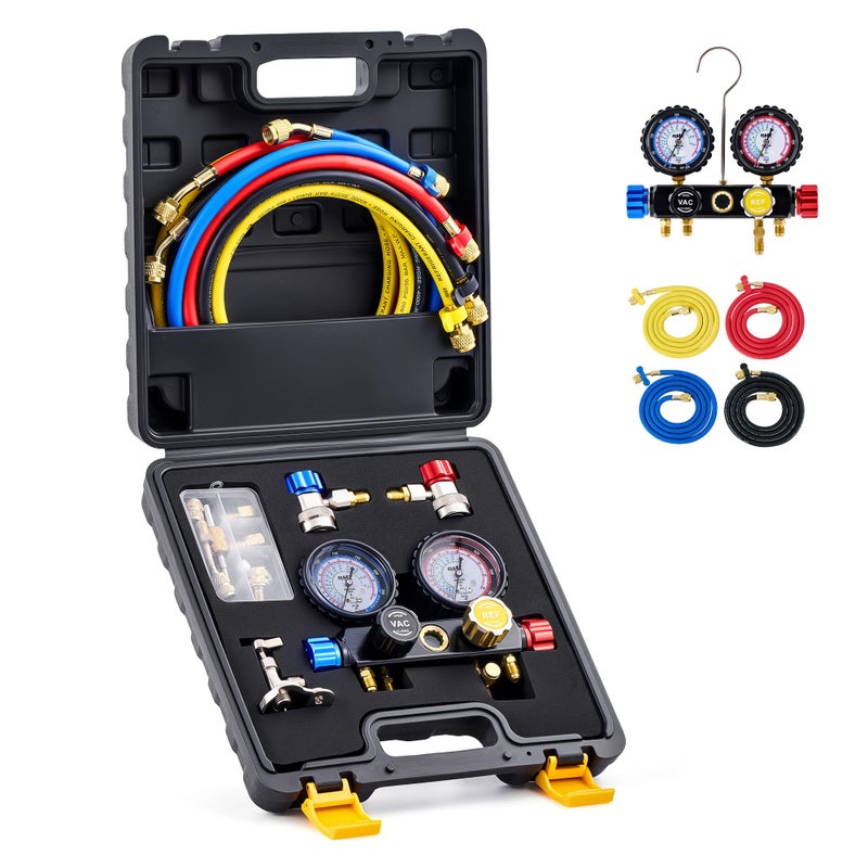Orion Motor Tech 4 Way AC Gauge Set for R410a R22 R134a Refrigerant, 4 Valve Automotive AC Manifold with 5ft Hoses, R410a Adapters, Can Tap - Image 1